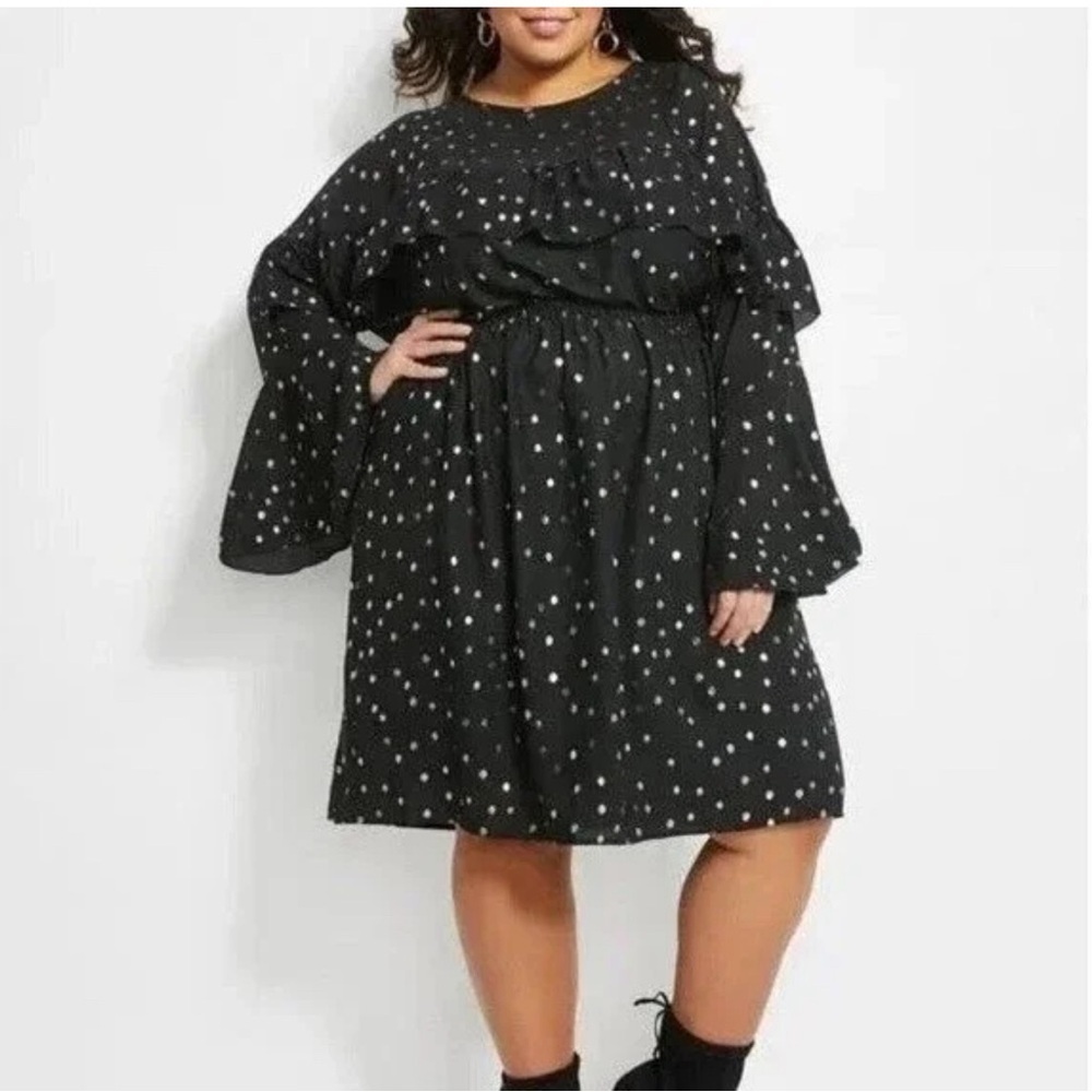 Ashley Stewart Dress Plus Size 12 Black Gold Polka Dots Ruffles Bell